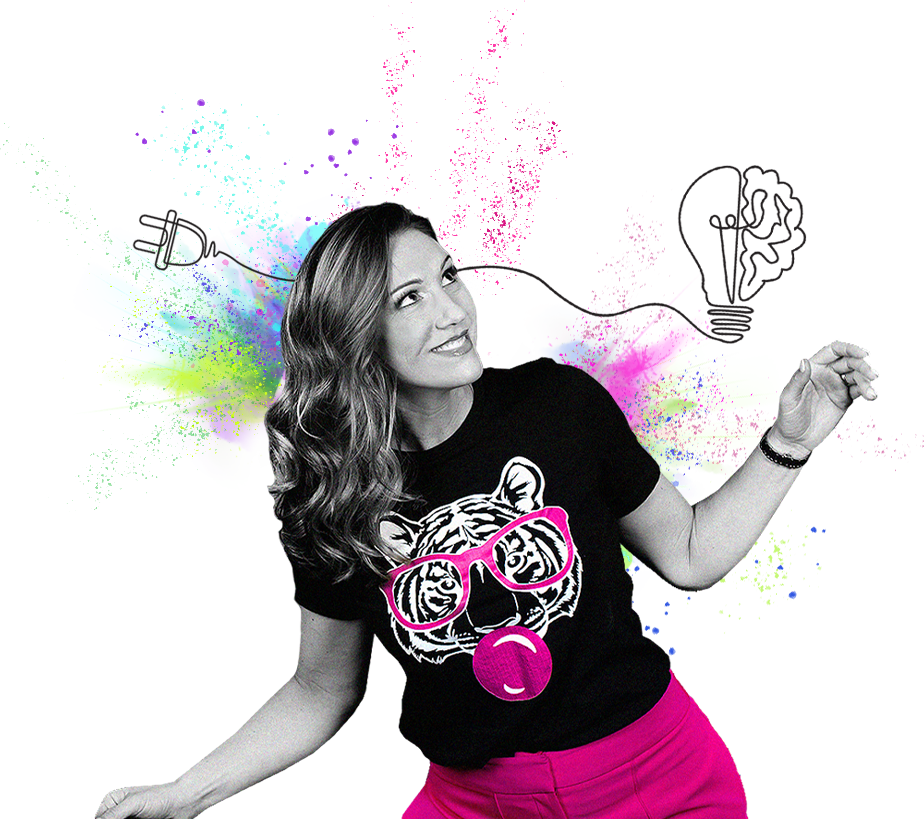 Dr. Rebecca Heiss, creator of FEARless, this transformative confidence masterclass, in a black t-shirt with a white tiger in pink glasses blowing a bubblegum bubble