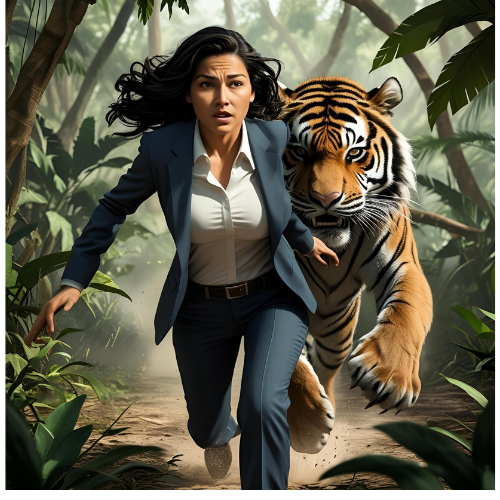 a woman running away from a tiger