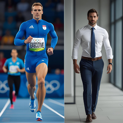 a man running in a blue suit and a white shirt. split between athlete and executive