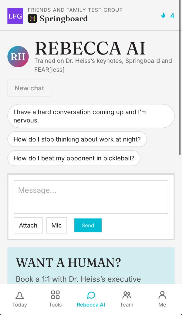 Fear(less)30 app: Rebecca AI coaching chat