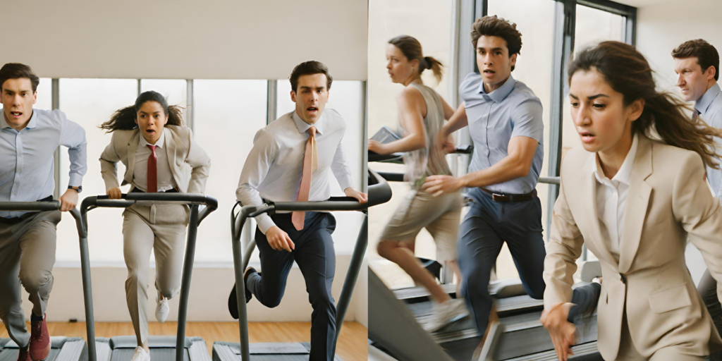 Young professionals clamber for position on a treadmill
